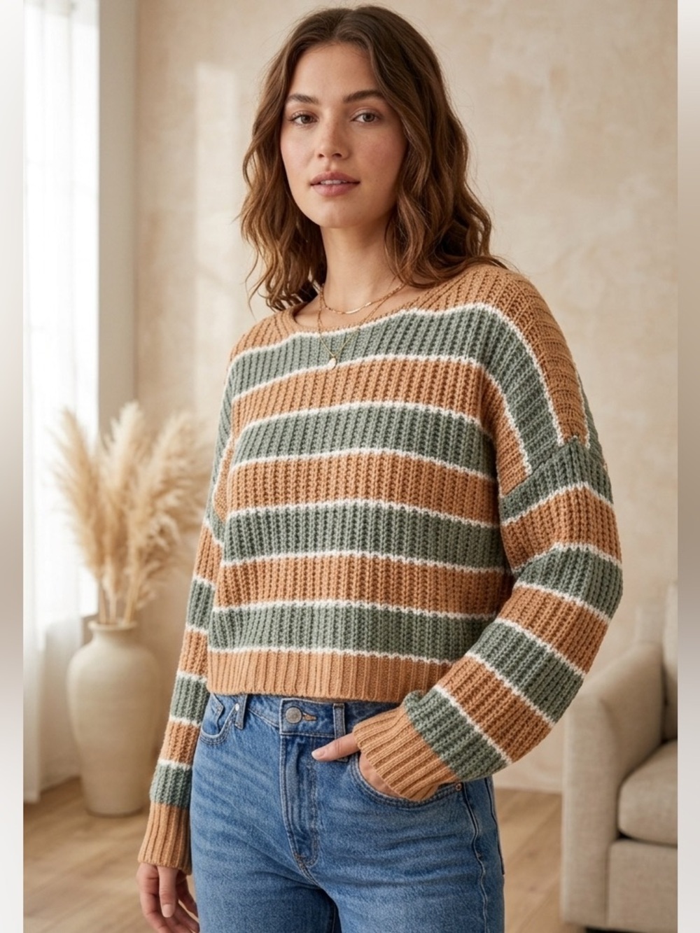 American Eagle Outfitters Striped Knit Sweater Size Medium Tan Green Oversized